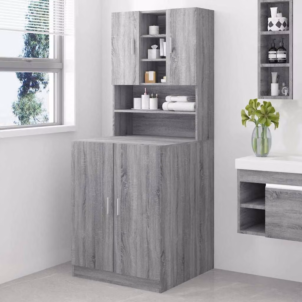 Mobile per lavatrice vidaXL Grigio Sonoma in legno e MDF con ante a battente e ripiani interni per bagno e lavanderia L/P/H: 71,5 x 71,0 x 181,5 cm – 1