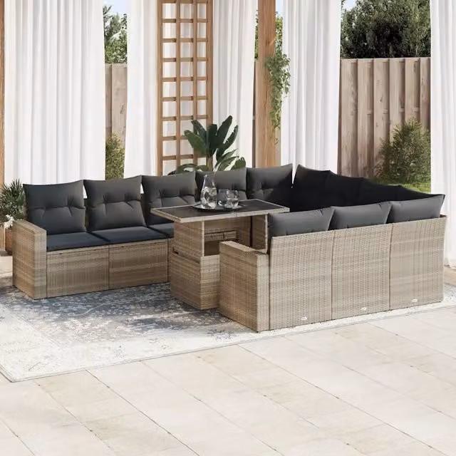 Set di Divani da Giardino vidaXL a Forma di U composto da 11 Pezzi con Cuscini e Tavolino, Colore Grigio – 1