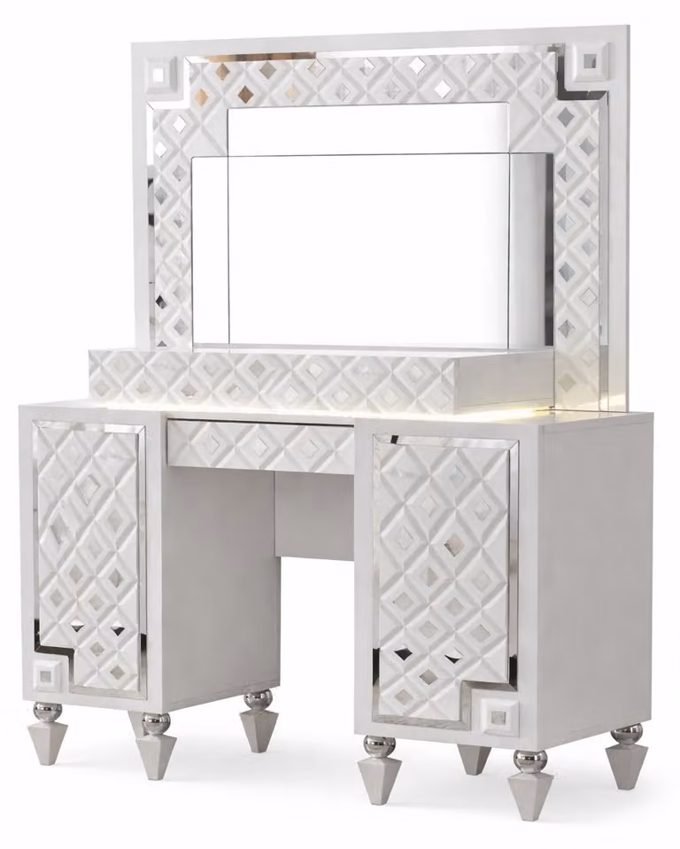Comò da trucco moderno, dal design elegante e dotato di pratici scomparti