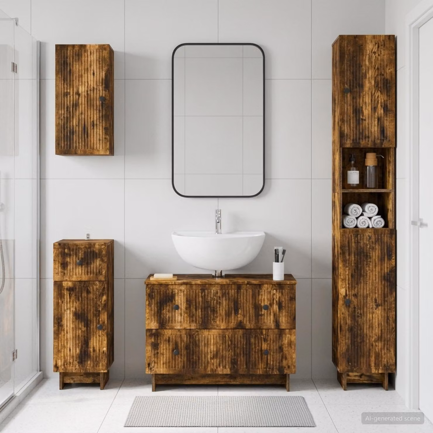 Set di mobili da bagno moderno vidaXL EDE in legno rovere fumo marrone composto da 4 pezzi con base lavabo e pensili a muro