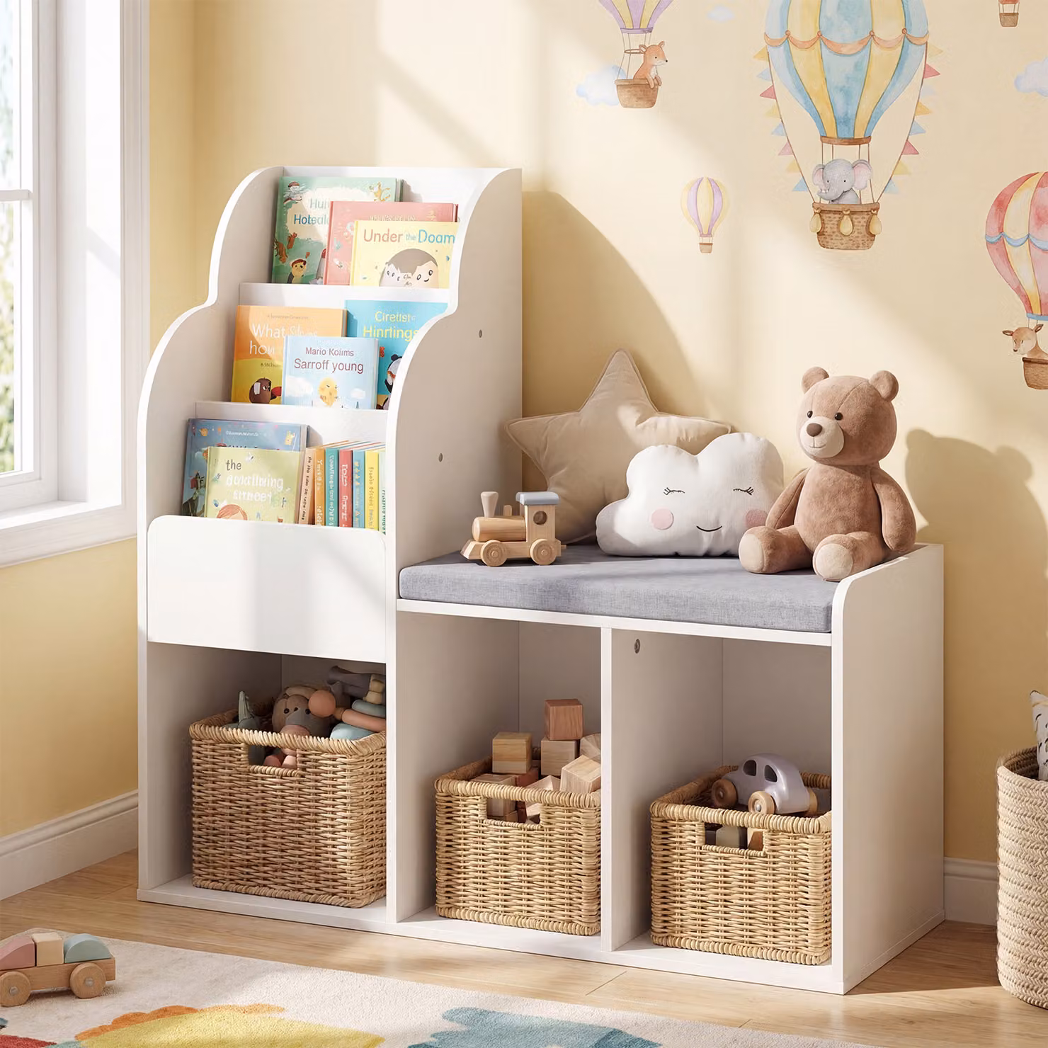Libreria Montessori Costway con panca imbottita per bambini, scaffale bianco a 3 livelli in legno con 3 vani portaoggetti
