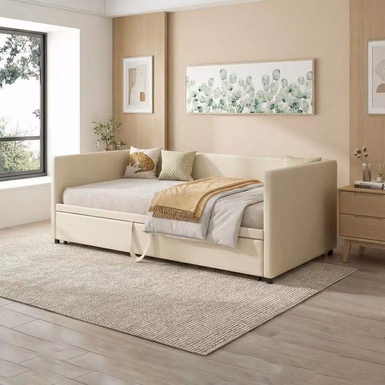 ProximaX Divano letto moderno 90/180 x 200 cm in velluto beige, divano letto 3 in 1 con funzione letto e vano contenitore