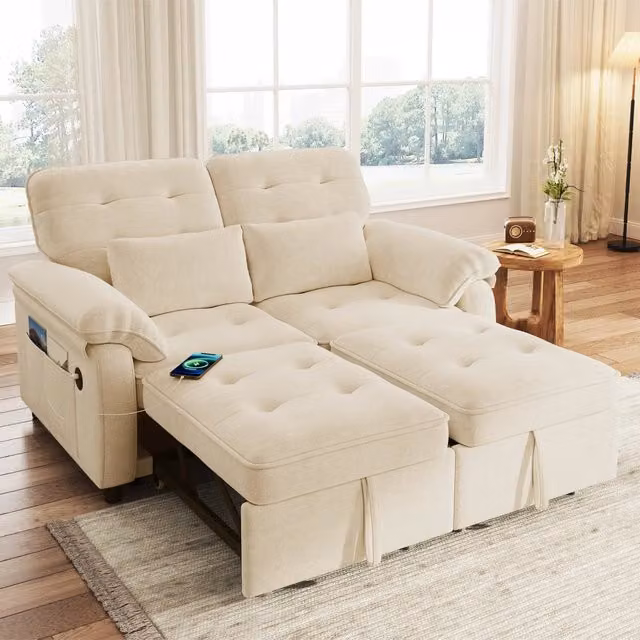 Divano letto convertibile 3 in 1 142 x 90 x 86;5 cm; sedili 2; schienale regolabile; porta USB; cuscini 2 inclusi; ciniglia; beige