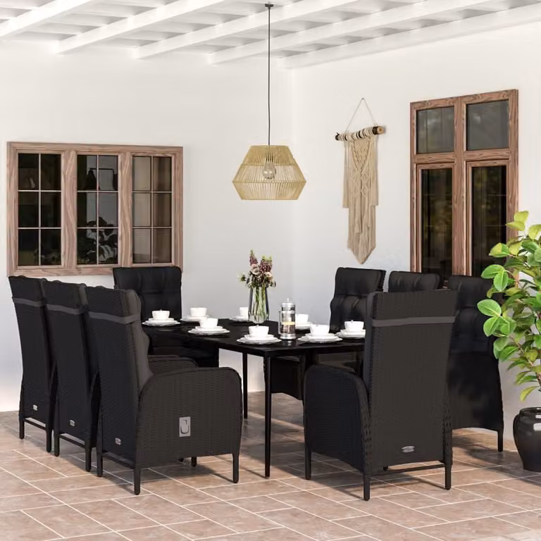 The Living Store Set da pranzo da giardino 9 pezzi con cuscini nero