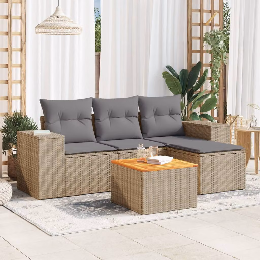 vidaXL Set Divano da Giardino 5 pz a L con Cuscini Beige in Polyrattan e Struttura in Metallo