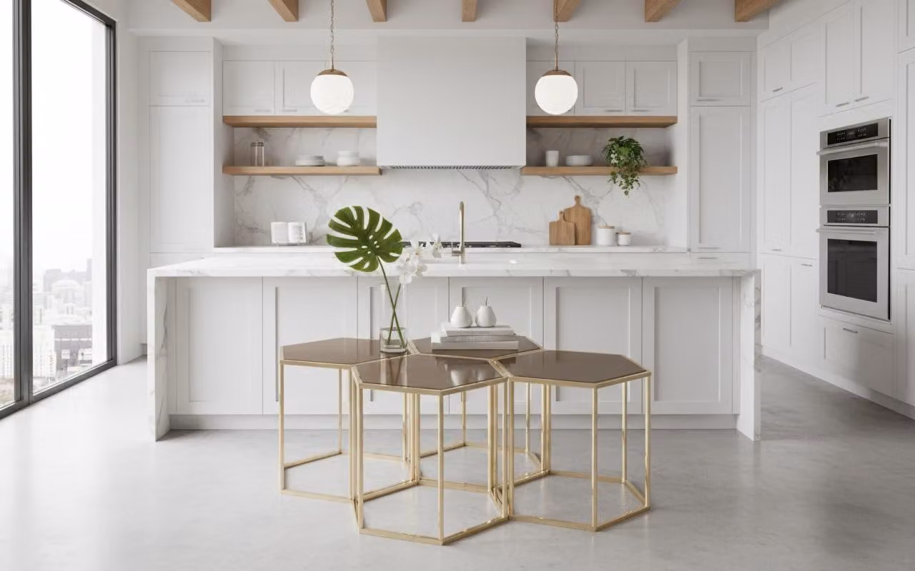Tavolino da salotto moderno, minimalista, dorato, elegante, di classe e confortevole