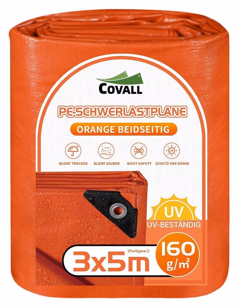Telo protettivo 3x5 metri, impermeabile, arancione, 160g/m², stabilizzato contro i raggi UV, resistente allo strappo, con occhielli