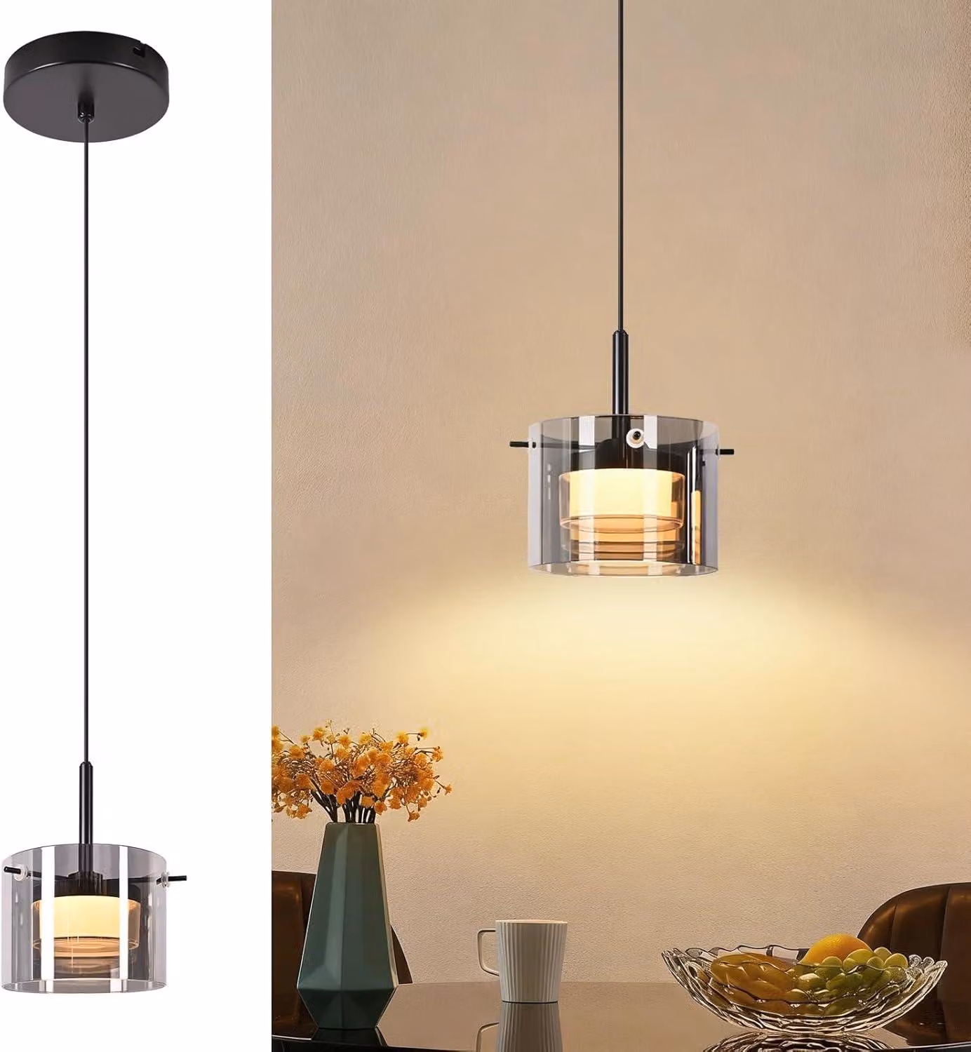 ZMH Lampada a sospensione per tavolo da pranzo, lampada a sospensione in vetro a 1 luce, lampada da sala da pranzo a sospensione, 140 cm, lampada a sospensione a LED regolabile in altezza, lampada a sospensione per sala da pranzo e corridoio