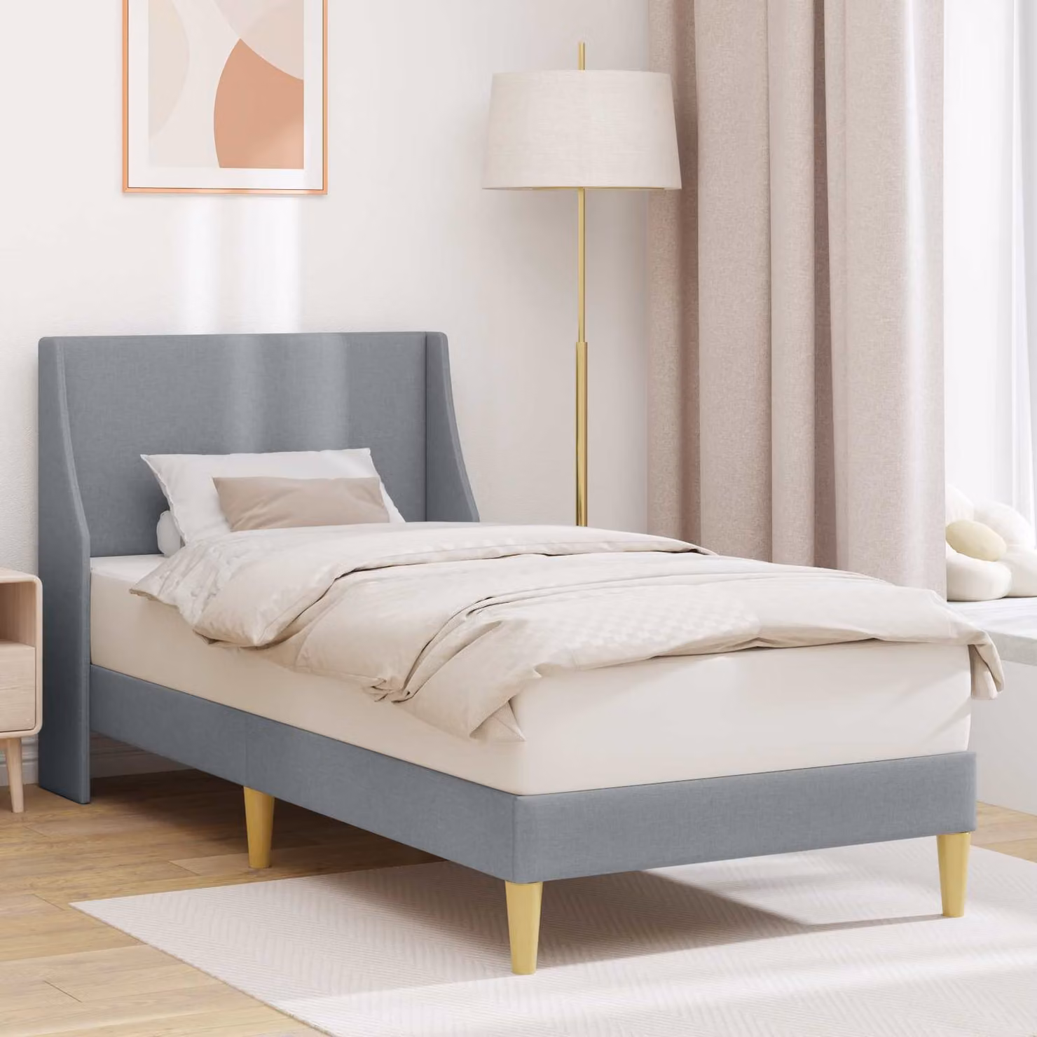 Struttura letto imbottita moderna vidaXL in tessuto grigio con listelli a doghe e telaio in legno e metallo