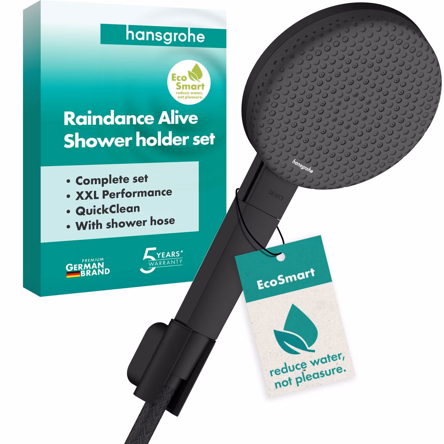 Set doccia con 3 diverse tipologie di getto, tecnologia EcoSmart, finitura nero opaco, soffione da 125 mm