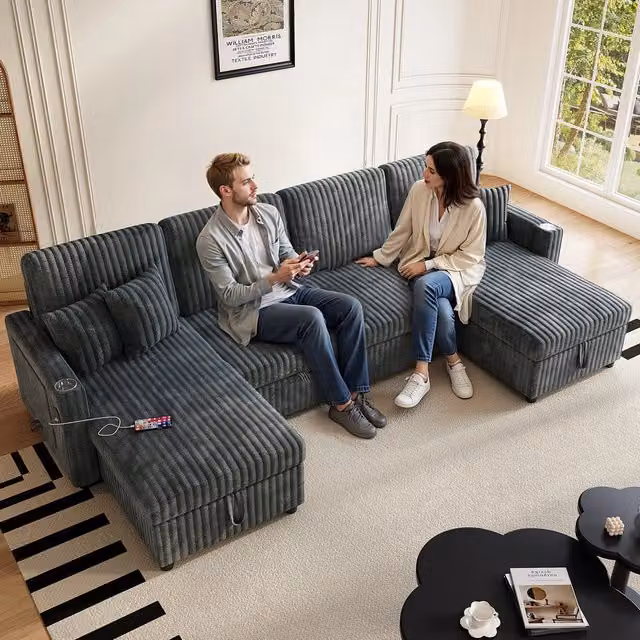 Divano letto modulare ¨C Minimal ¨C Grigio tessuto velluto a coste con contenitore