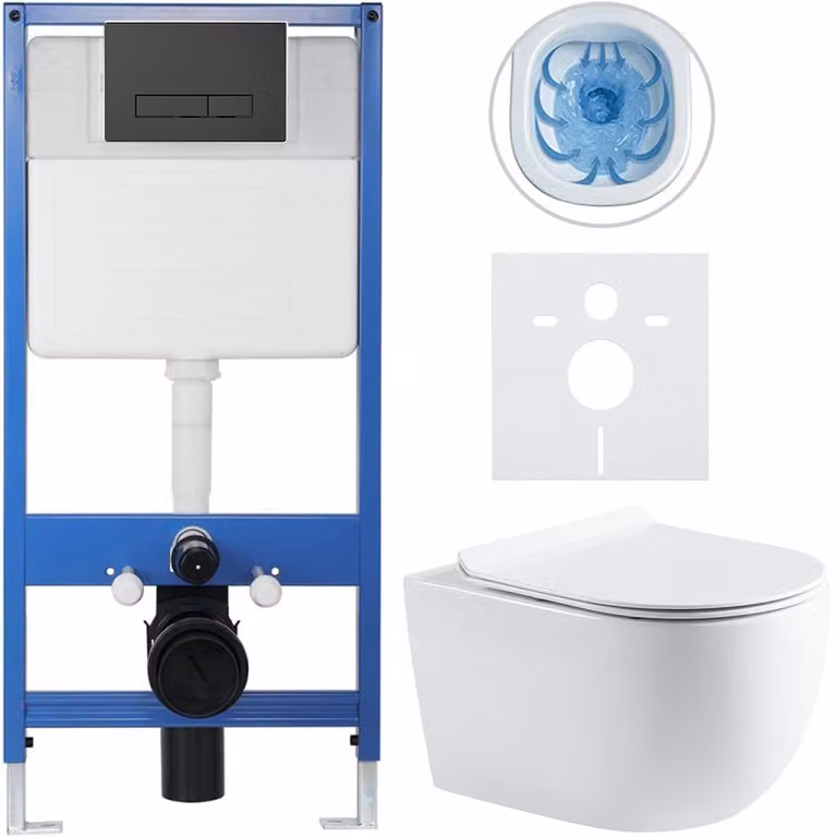 CERANO - Set completo per WC da incasso Lite/Felci - bianco lucido - pulsante WC Slim, nero opaco - installazione a parete/cartongesso - 52,5x36 cm