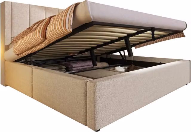 Letto matrimoniale 140x200 cm con contenitore idraulico; USB e materasso incluso; beige