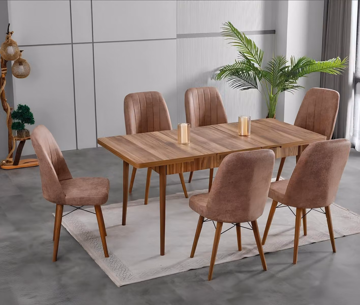 Tavoli da pranzo, set da pranzo, tavolo da pranzo marrone, sedie confortevoli, forma rettangolare, design moderno