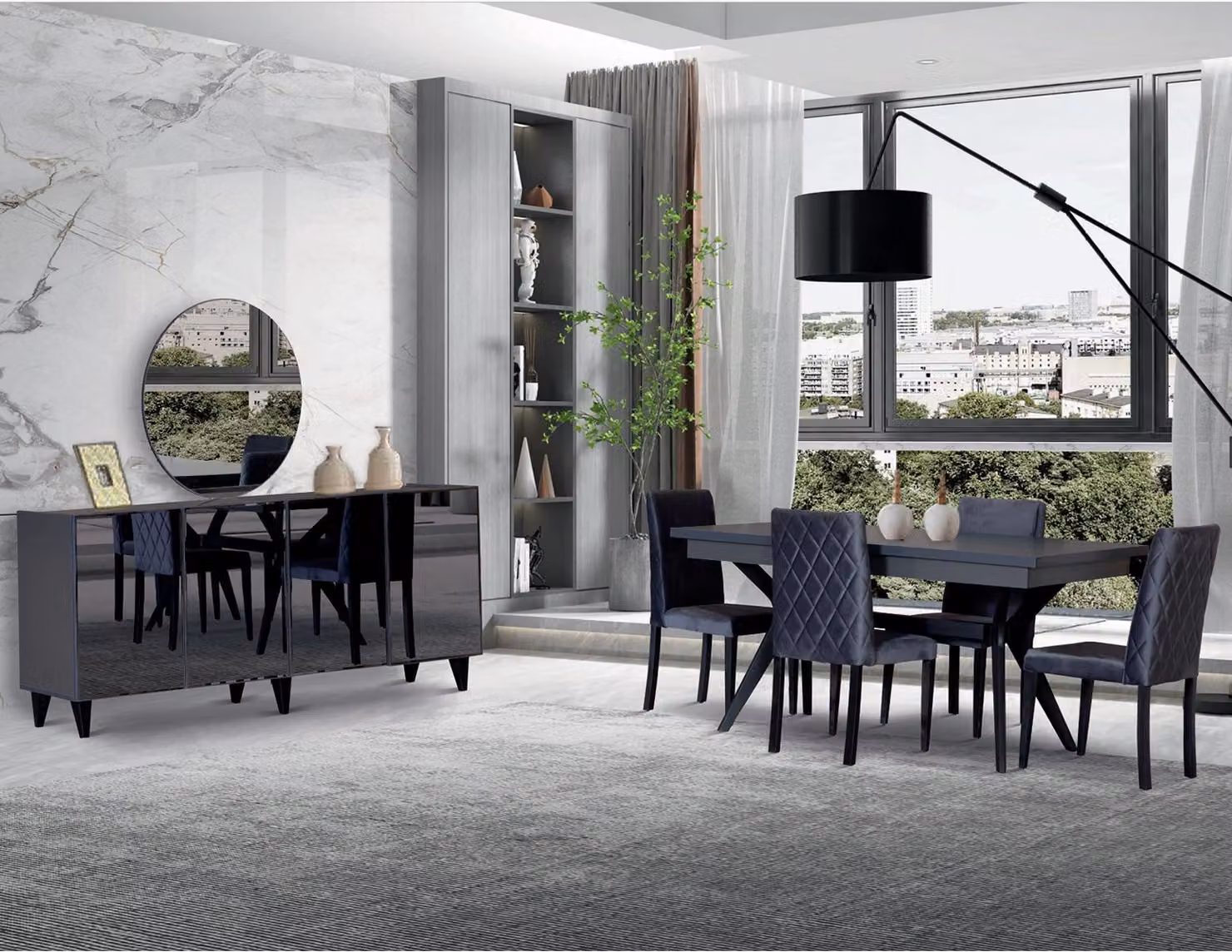 Set da pranzo moderno, nero, composto da tavolo e credenza classica in legno