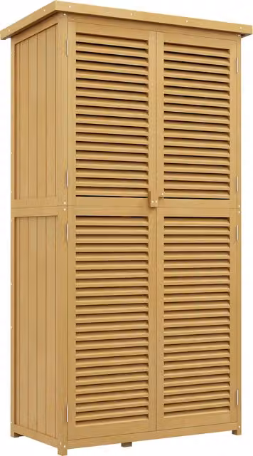Casetta da Giardino Outsunny in Legno con 4 Ripiani, Anta a Persiana e Tettuccio in Bitume, Giallo e Verde, L: 87 cm, P: 46.5 cm, H: 160 cm