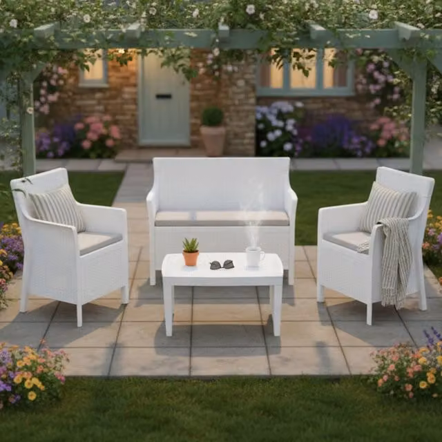 Set Salotto da Esterno Lasca DMORA in Polyrattan Bianco con Cuscini per 4 Persone – 1