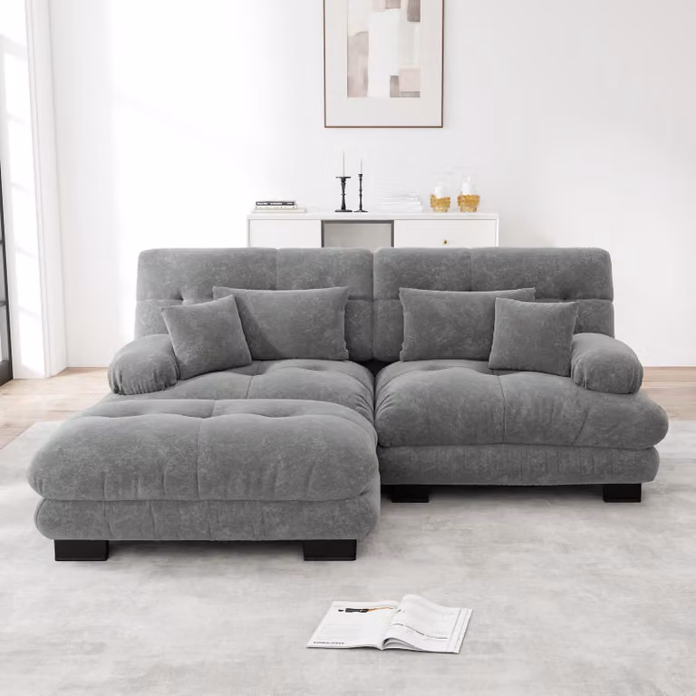 Divano angolare imbottito, tessuto in chenille, 2 cuscini lombari, 2 cuscini decorativi, braccioli ampi, poggiapiedi (grigio)