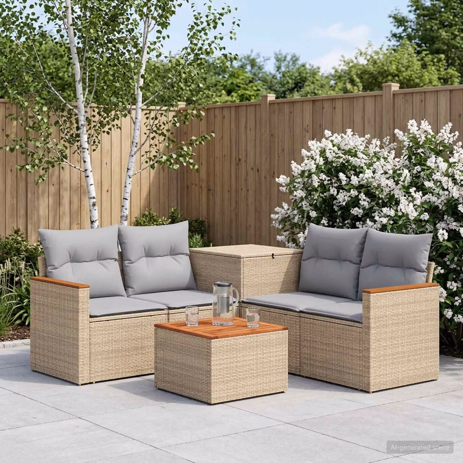 Set di divani da giardino vidaXL in polyrattan beige e grigio con tavolo da caffè e cuscini inclusi