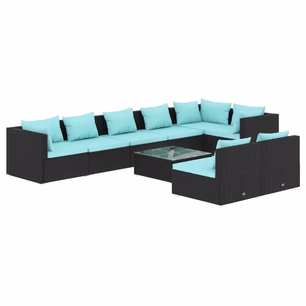 vidaXL Set Divani da Giardino 9 pz a forma di U con Cuscini Blu e Tavolino da Esterno Nero – 2