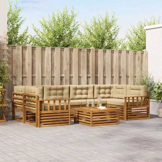 Set di divani da esterno vidaXL a forma di L composto da 7 pezzi in legno di acacia con cuscini beige e tavolino da caffè per giardino e terrazza