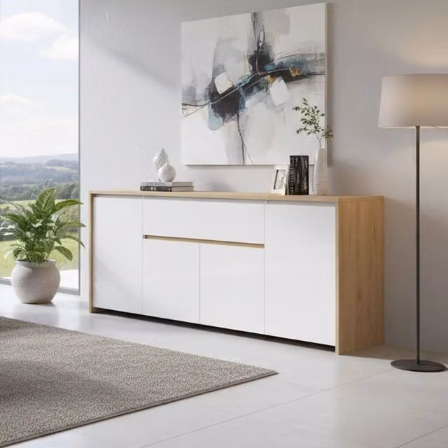 Credenza Basile DMORA, Buffet e Madia da soggiorno in Rovere e Bianco lucido, L: 197 cm, P: 48 cm, H: 84 cm – 1