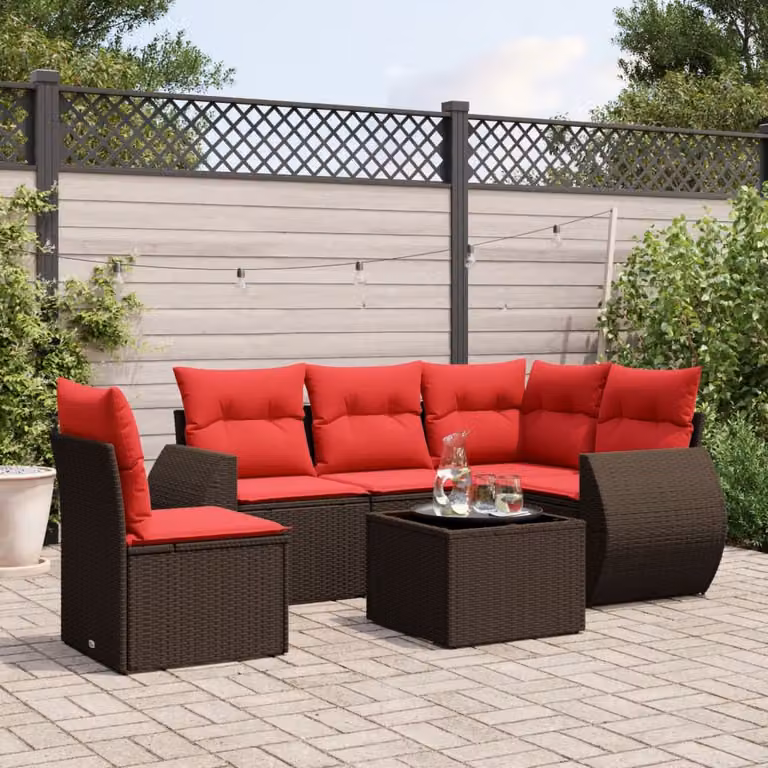 Set di divani da giardino vidaXL in polyrattan marrone con cuscini e tavolino da esterno, composizione a L per 6 persone