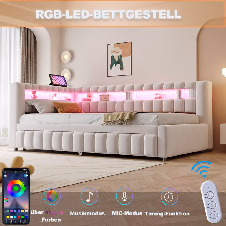 okwish Letto imbottito 90×200 con illuminazione a LED, Divano letto estraibile, Letto matrimoniale con motivo classico a righe, Struttura letto in legno con porta di ricarica USB, Beige, senza materasso