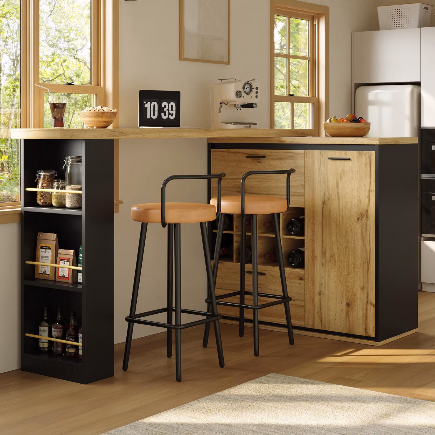 Flieks tavolo da pranzo tavolo bar girevole, tavolo da cucina con cassetti e portabottiglie, credenza con ripiani aperti, 138-220x39x105 cm, nero