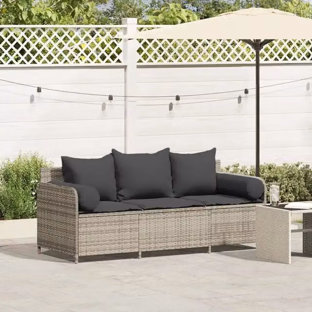 Divano da Giardino con Cuscini 3 Posti Grigio Chiaro Polyrattan 4104177
