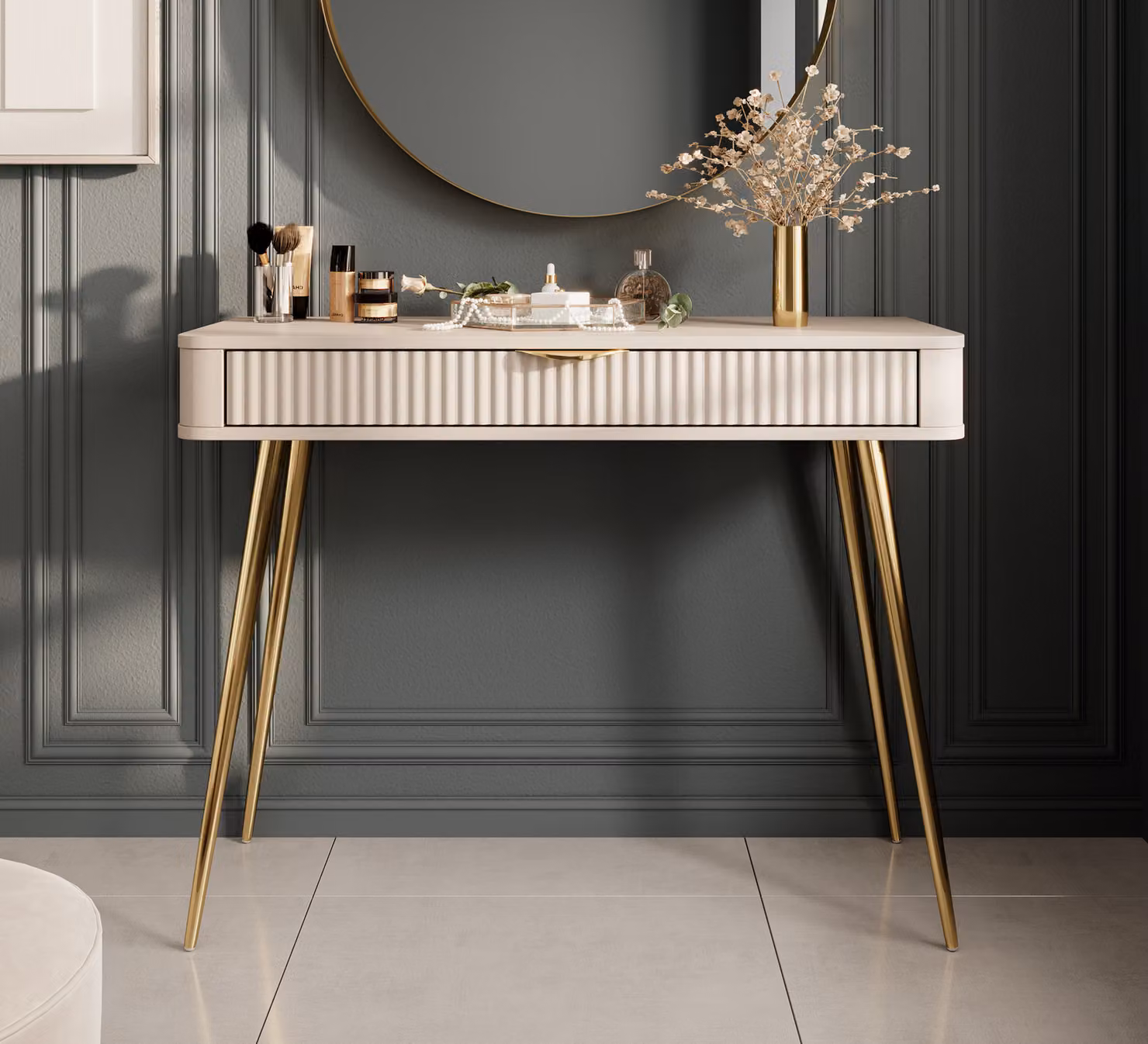 AX LIVING Vespasia piccolo tavolino da toilette beige 100,2 cm scanalato