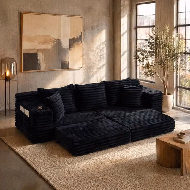 Divano letto REDOM in velluto a coste nero con funzione letto, portabicchieri e cuscini inclusi, L: 273 cm, P: 98 cm, H: 87 cm – 1
