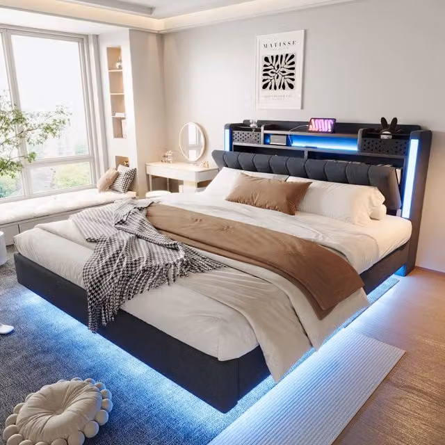 Letto imbottito 160 x 200 cm con illuminazione LED e presa USB, testiera con contenitore, letto sospeso per ragazzi e adulti, lino, Grigio