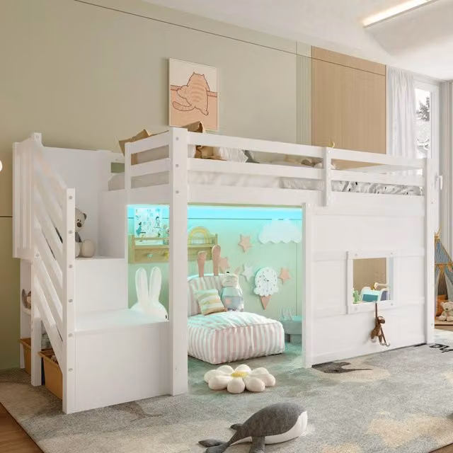 Letto a soppalco per bambini 90×200 cm con scala contenitore, finestra e illuminazione LED, senza materasso, bianco