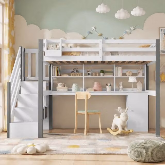 Letto a soppalco 90x200 cm in pino e MDF bianco e grigio con scrivania, scala e contenitori in tessuto