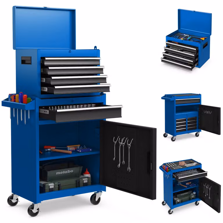 COSTWAY Carrello da officina 2in1 con valigetta, 8 scomparti, ganci e ripiano regolabile, carrello portautensili bloccabile su ruote fino a 100kg metallo 59x28x102cm