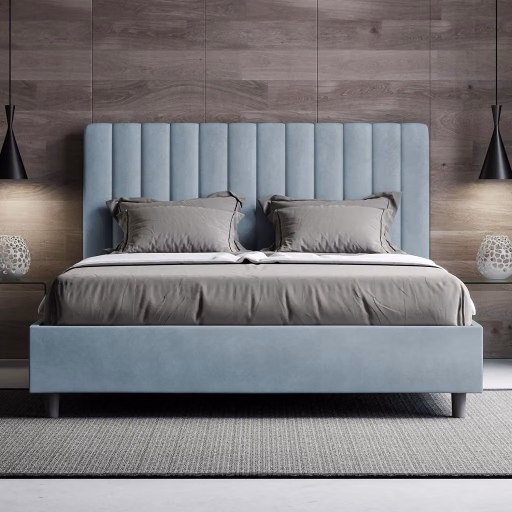 Letto Matrimoniale Moderno GIORDANOSHOP in Legno e Tessuto Imbottito Blu L/P/H: 140 x 200 x 122 cm – 2