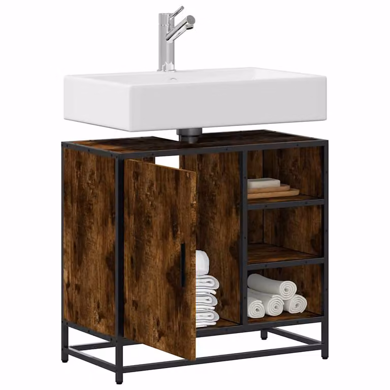 Armadietto da bagno sospeso vidaXL in stile industriale, Rovere Fumo, L: 65 cm, P: 33 cm, H: 60 cm