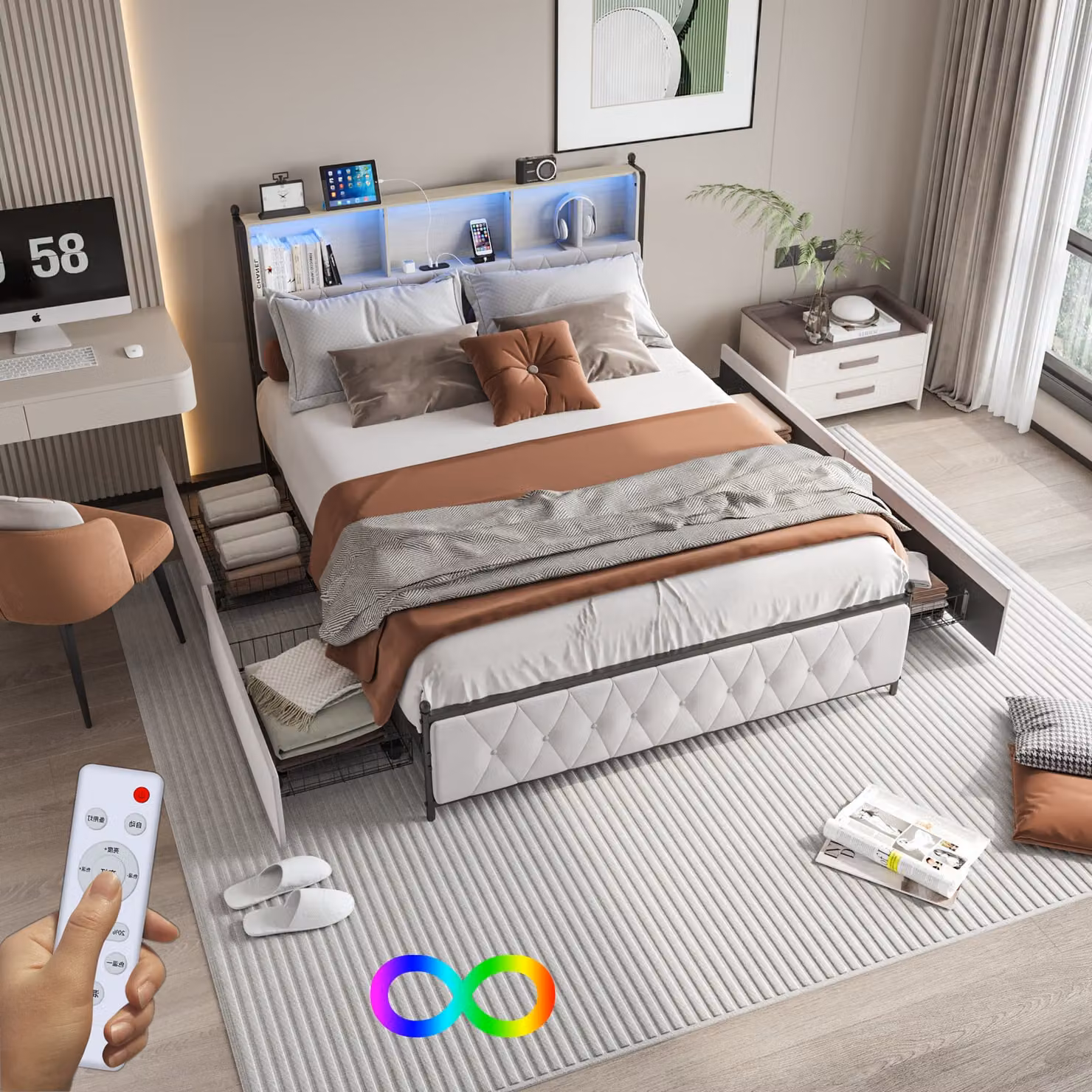 CDGlobal letto imbottito 140x200cm con USB, letto per ragazzi letto matrimoniale con 4 cassetti, letto contenitore letto in legno massiccio con LED/tipo C e rete a doghe, lino, beige