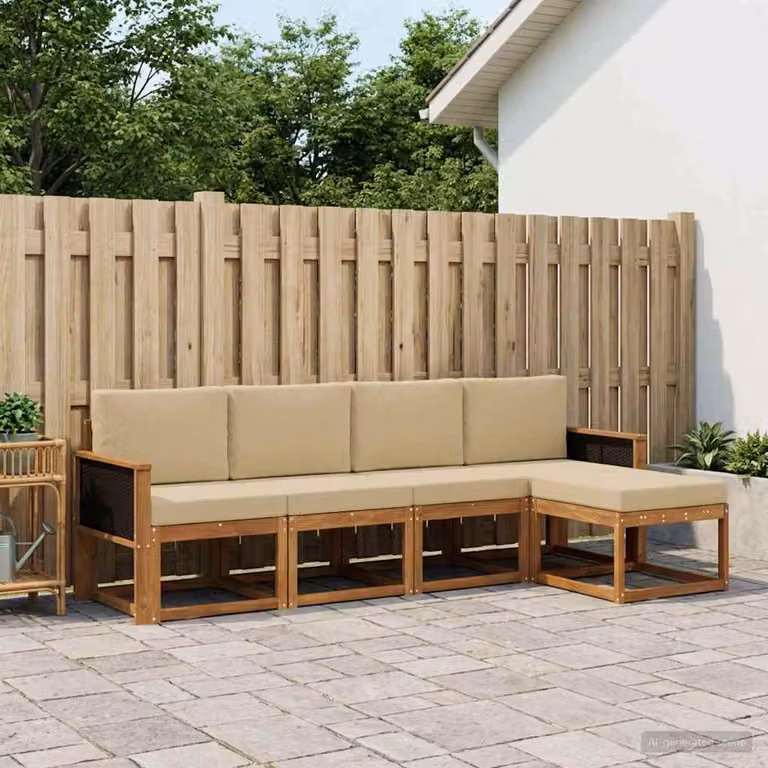 Set di divani da esterno a L vidaXL in legno di acacia con pouf e cuscini, Beige e Marrone