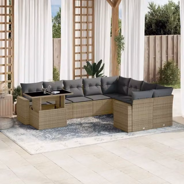 Set Divano da Giardino Moderno vidaXL in Polyrattan con Cuscini Beige e Grigio e Tavolino in Vetro – 1