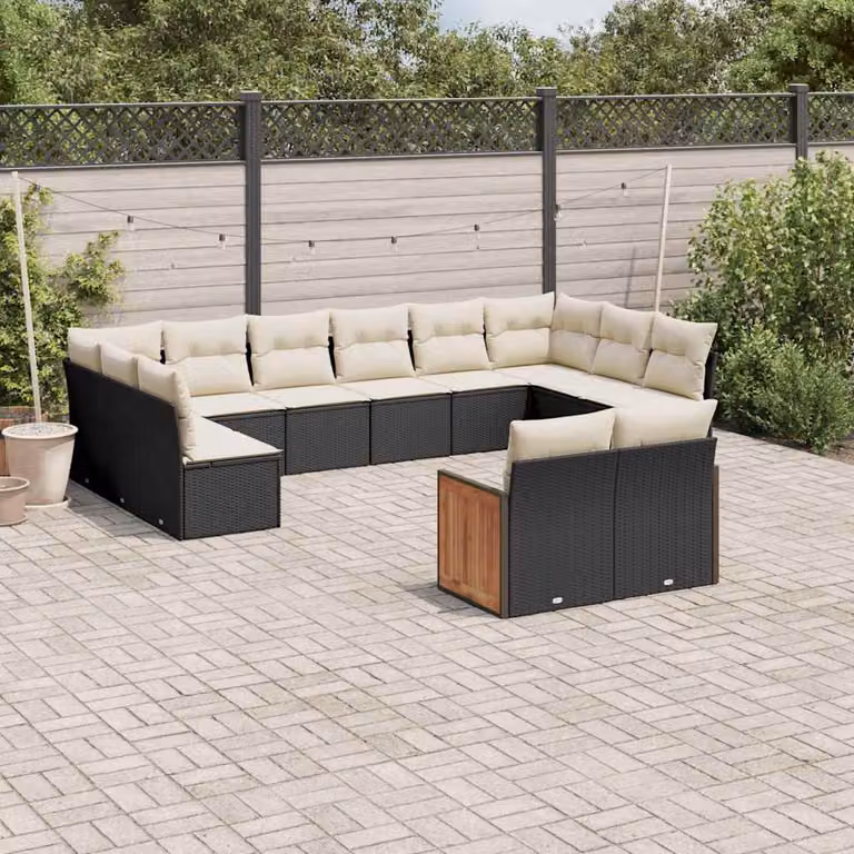 Set di Divani da Giardino vidaXL a Forma di U con Cuscini, Nero e Bianco, in Polyrattan e Legno di Acacia