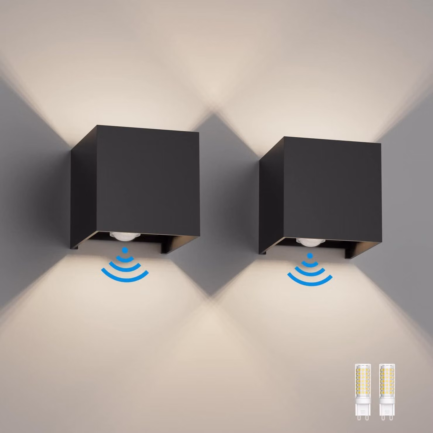Set di 2 luci da esterno per parete, con sensore di movimento, 4000 K, colore nero