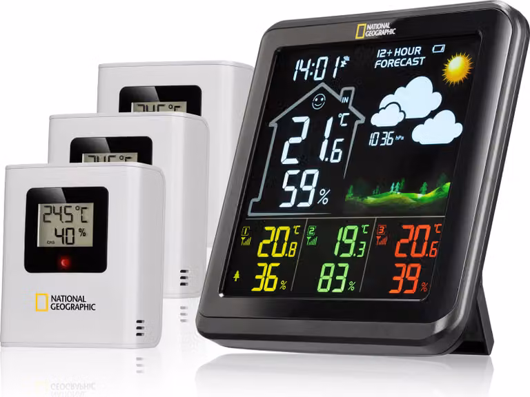 Stazione meteorologica National Geographic VA, wireless, con 3 sensori esterni, colore nero