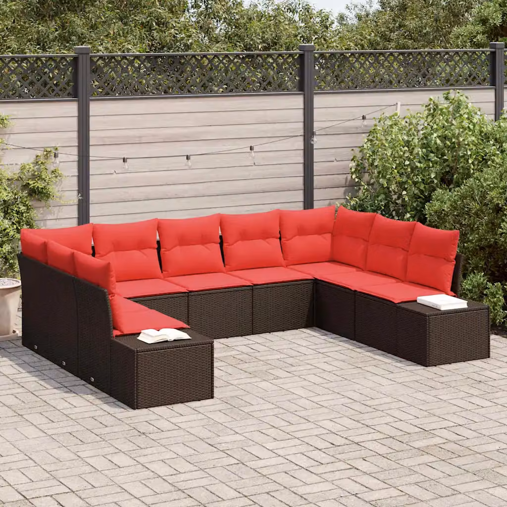 Set Divano da Giardino vidaXL a Forma di L con 9 Pezzi, 8 Posti, Marrone e Rosso