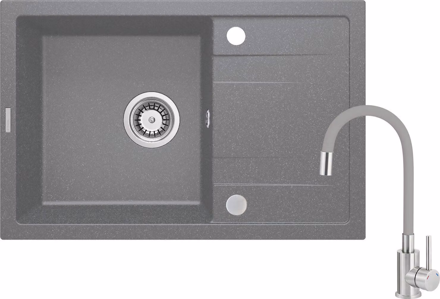 Lavello in granito grigio a 1 vasca con miscelatore e sgocciolatoio - granito opaco, reversibile, di facile installazione, antibatterico, per mobili da 500 mm e oltre