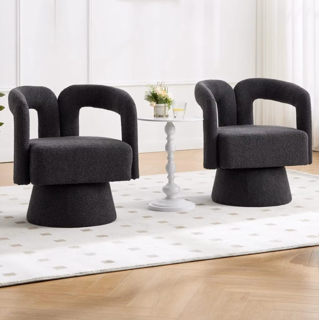 Poltrona girevole 360 MODFU in tessuto bouclé grigio antracite con base in metallo e braccioli, L: 55 cm, P: 67 cm, H: 74 cm – 2