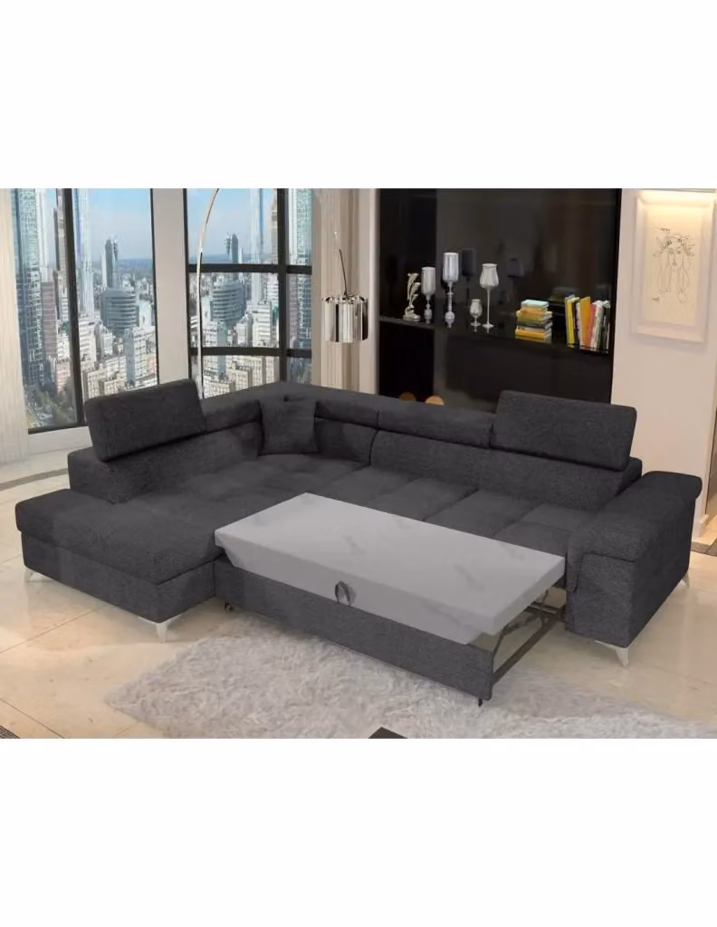 Divano angolare convertibile PALAZZO MEUBLORAMA grigio, 4 posti con angolo a sinistra, funzione letto, poggiatesta regolabile e cuscini inclusi, L: 275 cm, P: 160 cm, H: 88 cm – 2