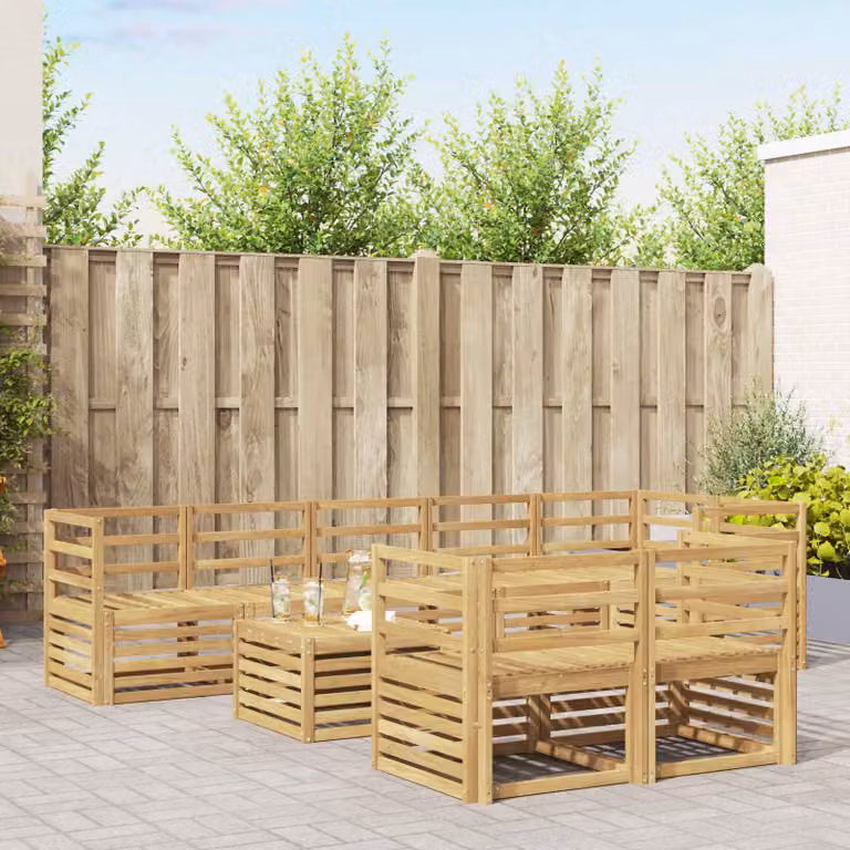 Set di divani da esterno vidaXL 9 pz in legno di acacia massello con cuscini bianchi e marroni per giardino e terrazza