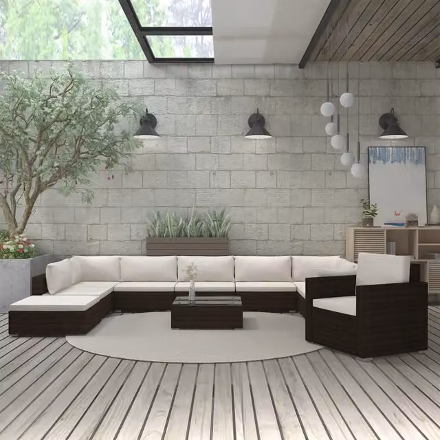 Set di Divani da Giardino L-Shape vidaXL in Polyrattan Marrone e Beige con Cuscini, Ottoman e Tavolino da Esterno, 11 Pezzi – 1